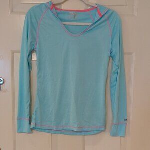 Women's Light Blue Hoodie Long Sleeve Top with Pink Accents